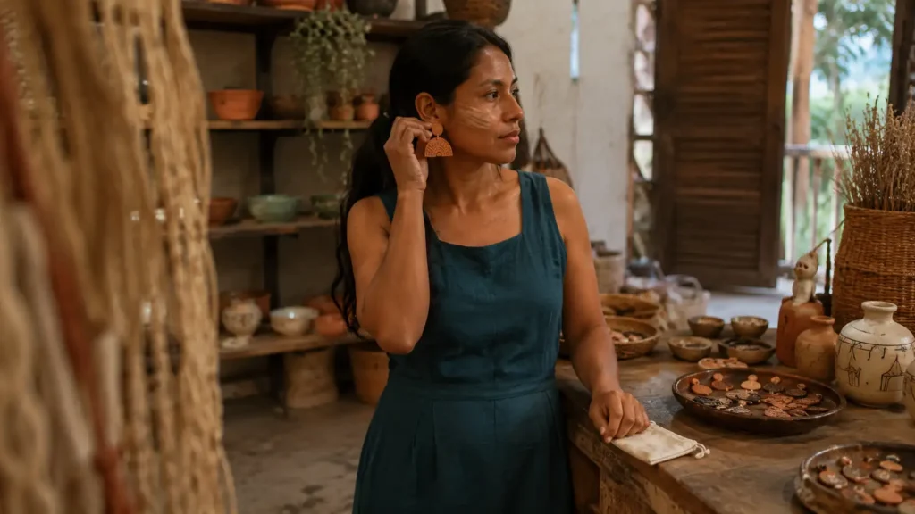 Mulher escolhendo um único acessório para completar uma roupa simples