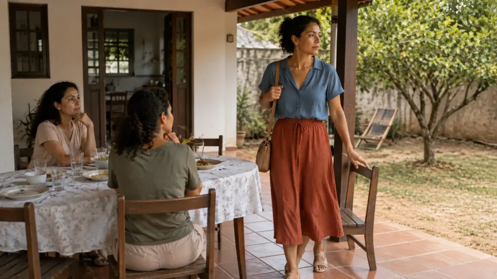 Mulher deixando uma conversa familiar com calma depois de estabelecer um limite
