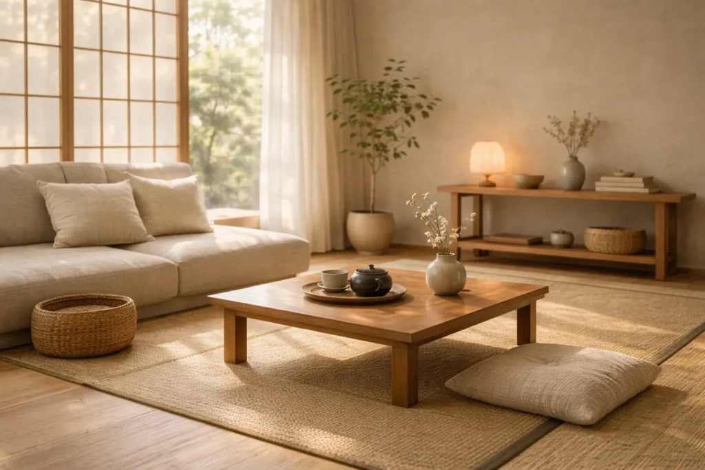 sala minimalista japonesa com atmosfera tranquila
