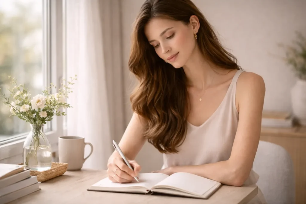 mulher escrevendo em diário representando autoconhecimento e feminilidade suave