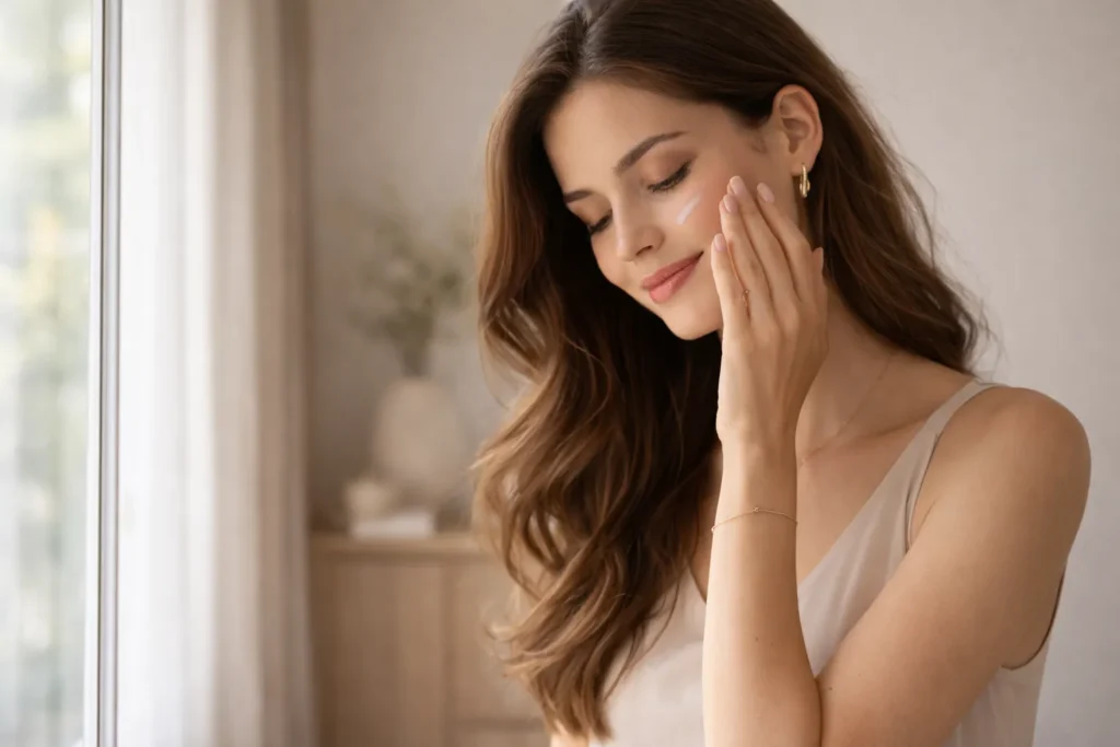 mulher em momento de autocuidado representando elegância natural feminina