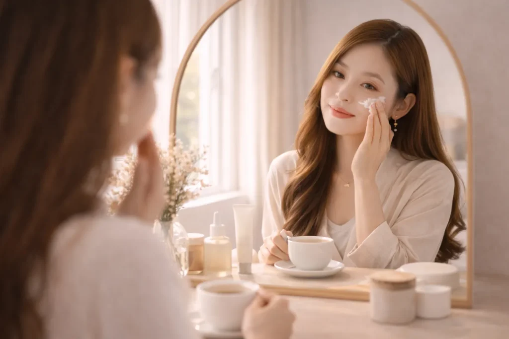 mulher realizando rotina de autocuidado em frente ao espelho