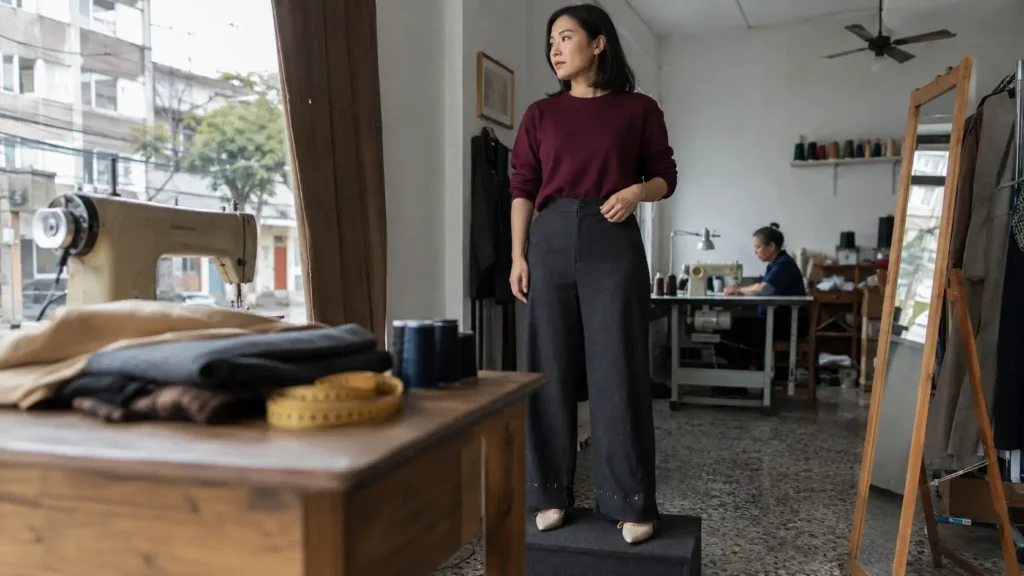 Mulher observando o caimento de uma calça durante um pequeno ajuste de roupa