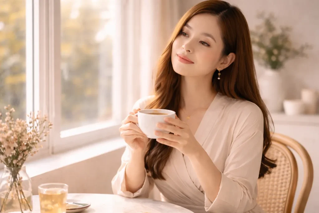 mulher tomando chá calmamente representando presença e tranquilidade feminina