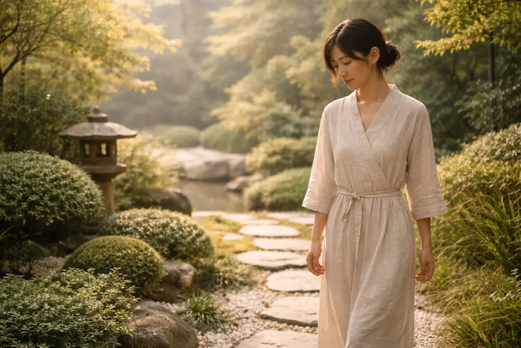 mulher caminhando lentamente em jardim tranquilo