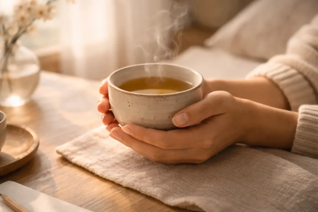 chá quente nas mãos em ritual matinal