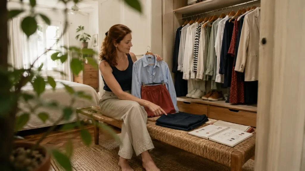 Mulher criando novas combinações com peças que já possui no guarda-roupa