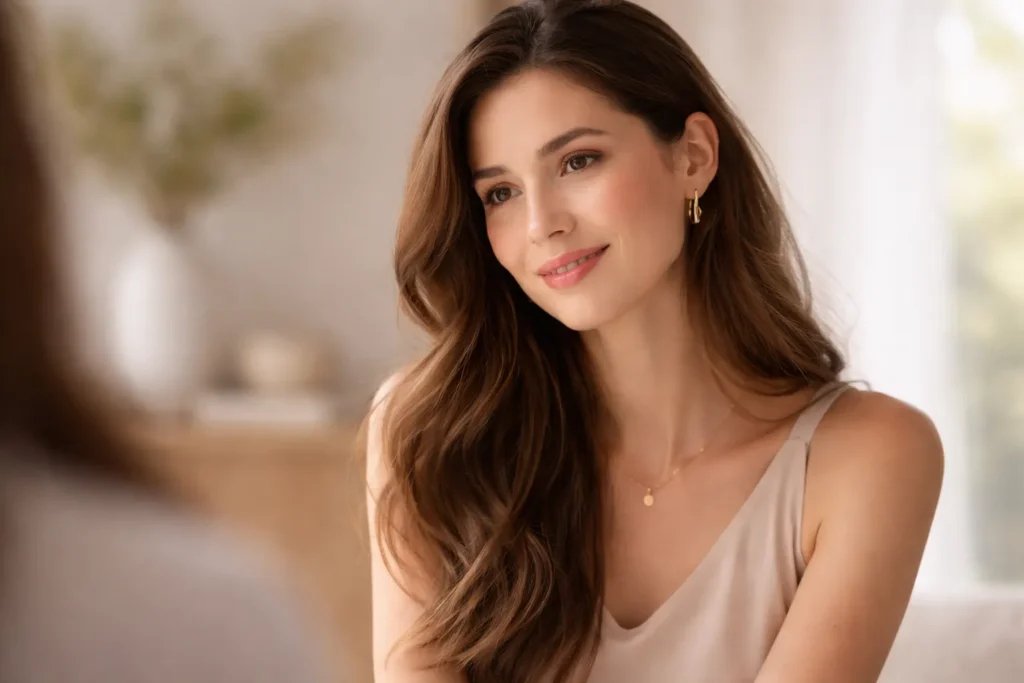 mulher sorrindo suavemente durante conversa representando comunicação elegante