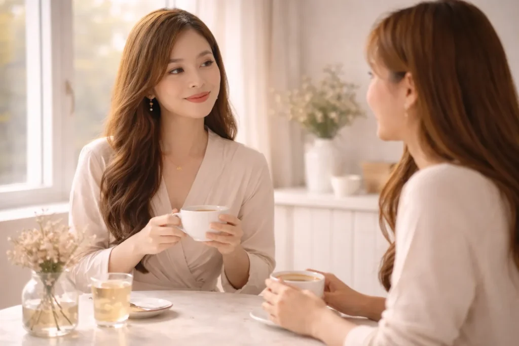 duas mulheres conversando com expressão gentil em café