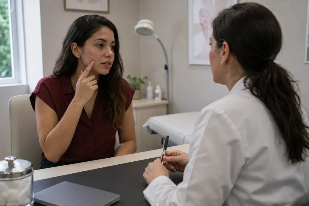 Mulher jovem conversando com dermatologista sobre dúvidas e reações na pele