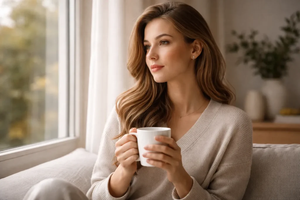 mulher refletindo com chá perto da janela representando controle emocional