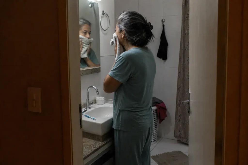 Mulher realizando cuidados simples de higiene antes de dormir