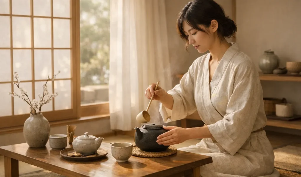 mulher preparando chá em ambiente japonês minimalista e calmo