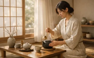 mulher preparando chá em ambiente japonês minimalista e calmo
