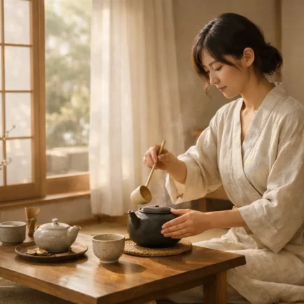 mulher preparando chá em ambiente japonês minimalista e calmo