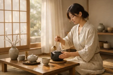 mulher preparando chá em ambiente japonês minimalista e calmo