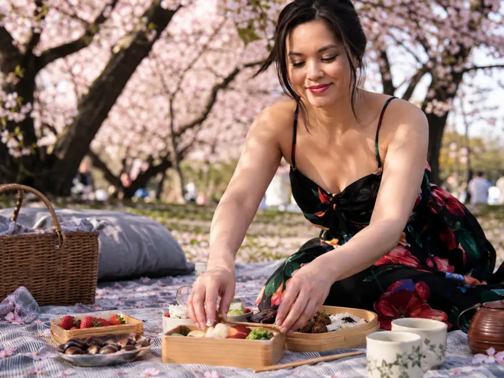 Detalhes de um piquenique de Hanami com flores de cerejeira e mãos organizando os alimentos
