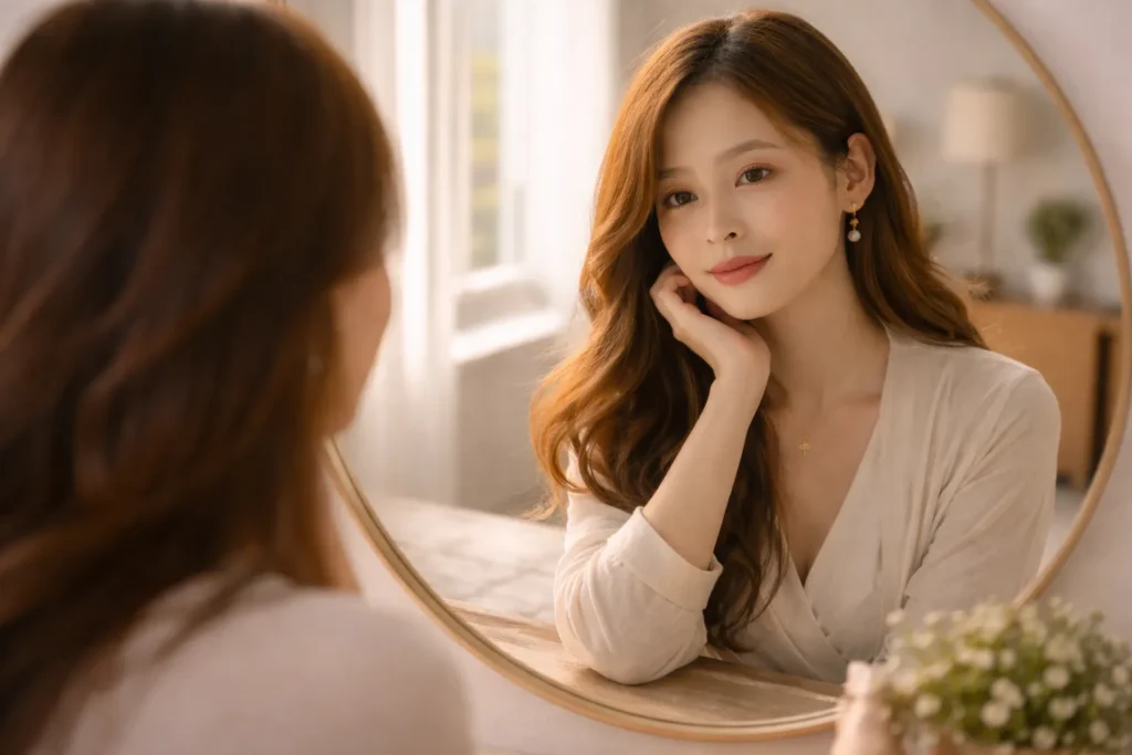mulher olhando para si mesma no espelho representando autoconhecimento