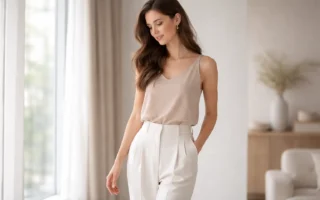 mulher com postura elegante em ambiente minimalista representando elegância natural feminina