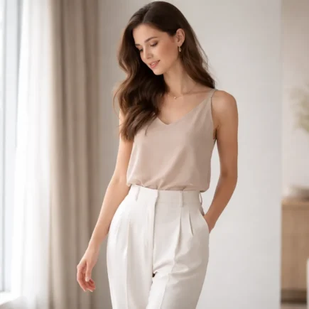 mulher com postura elegante em ambiente minimalista representando elegância natural feminina