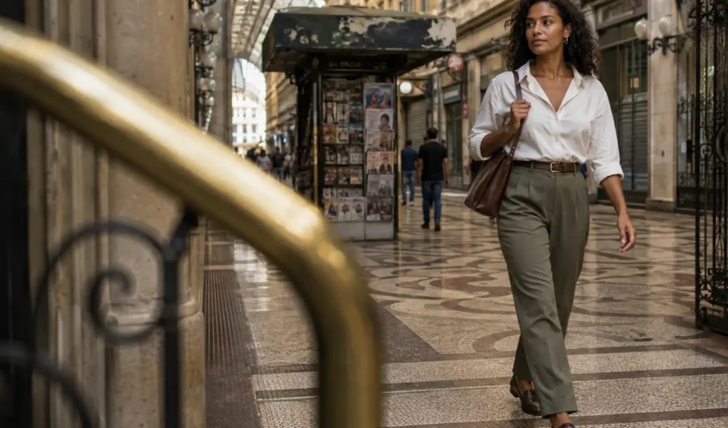 Mulher jovem brasileira usando roupas simples e bem ajustadas com elegância natural