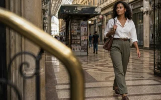 Mulher jovem brasileira usando roupas simples e bem ajustadas com elegância natural