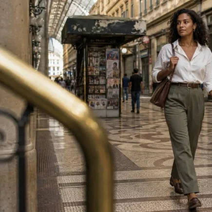 Mulher jovem brasileira usando roupas simples e bem ajustadas com elegância natural