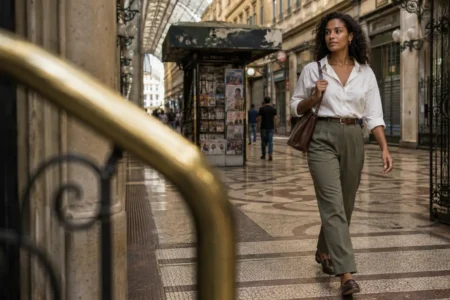 Mulher jovem brasileira usando roupas simples e bem ajustadas com elegância natural