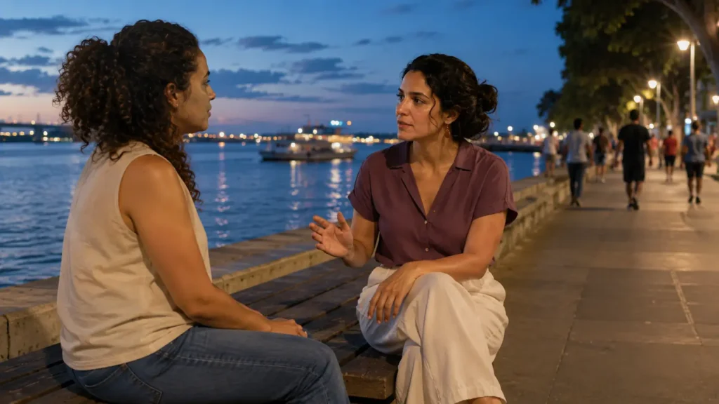 Duas amigas conversando com respeito enquanto uma delas estabelece distância emocional