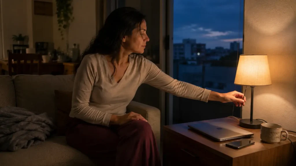 Mulher encerrando o trabalho e preparando a transição para a noite