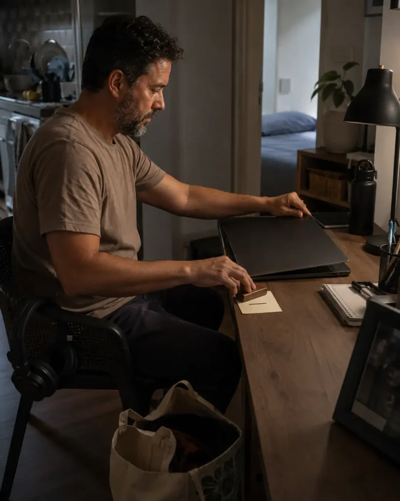 Profissional fechando o computador e registrando onde retomar o trabalho no dia seguinte
