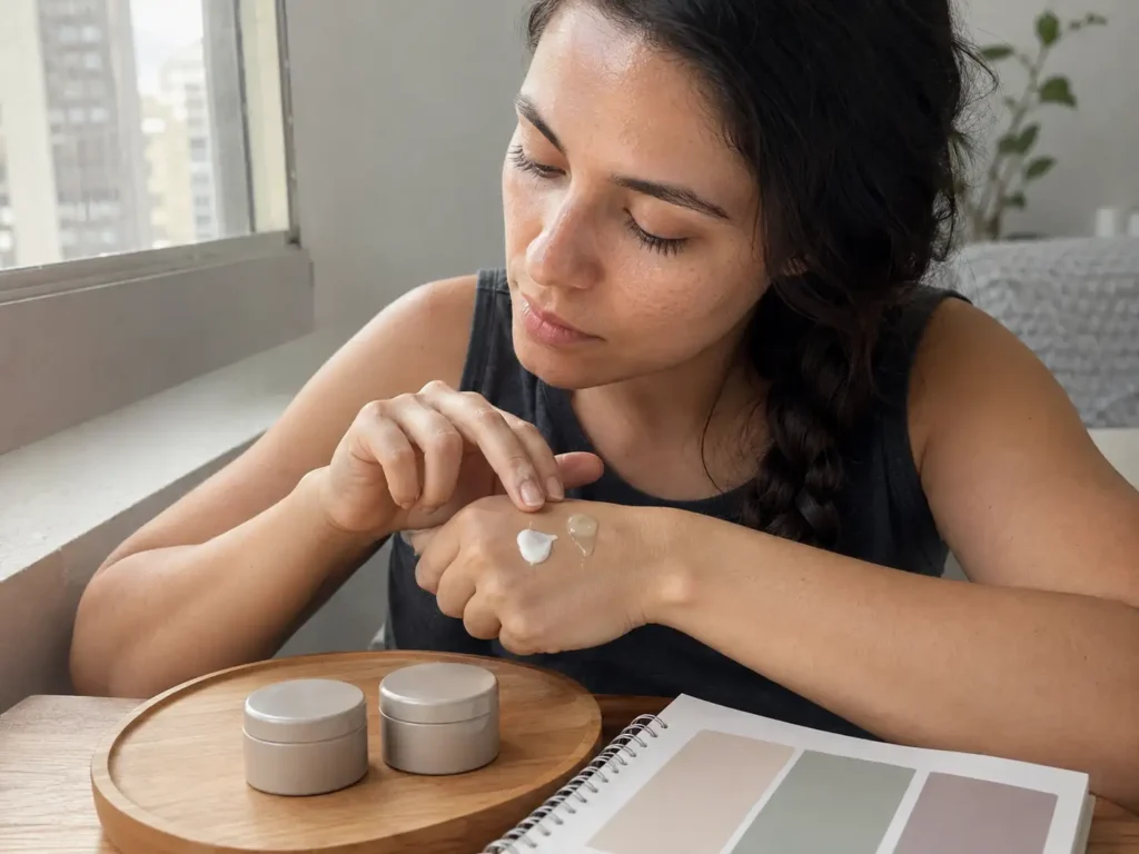 Mulher jovem comparando texturas de hidratantes antes de escolher um produto