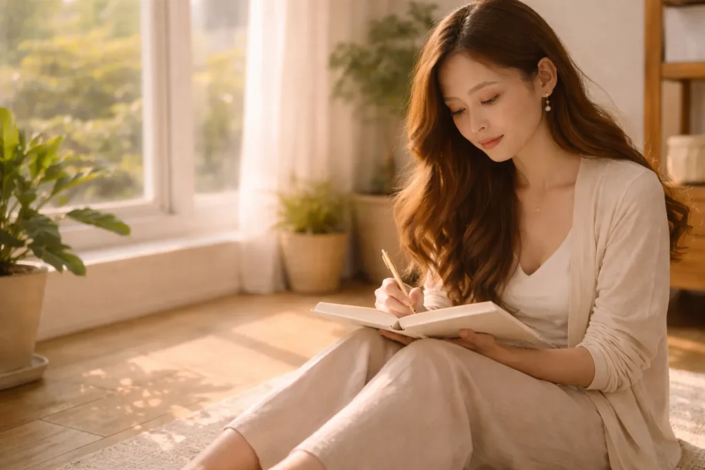 mulher escrevendo em diário representando autoconhecimento e reflexão