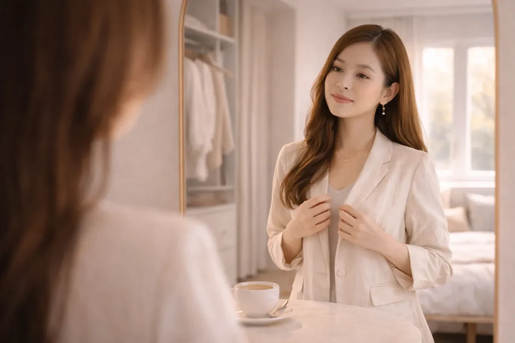 mulher ajustando blazer elegante em frente ao espelho