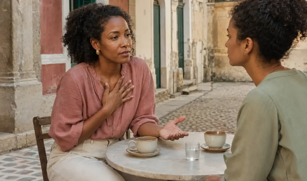 Mulher jovem conversando com firmeza e delicadeza durante um encontro entre amigas