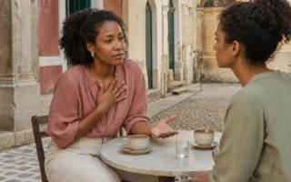 Mulher jovem conversando com firmeza e delicadeza durante um encontro entre amigas