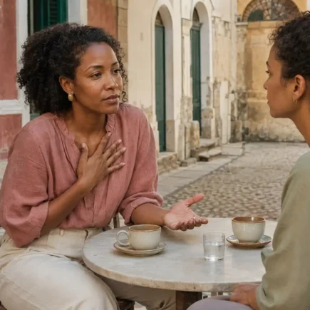 Mulher jovem conversando com firmeza e delicadeza durante um encontro entre amigas
