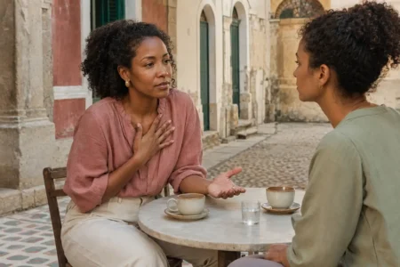 Mulher jovem conversando com firmeza e delicadeza durante um encontro entre amigas