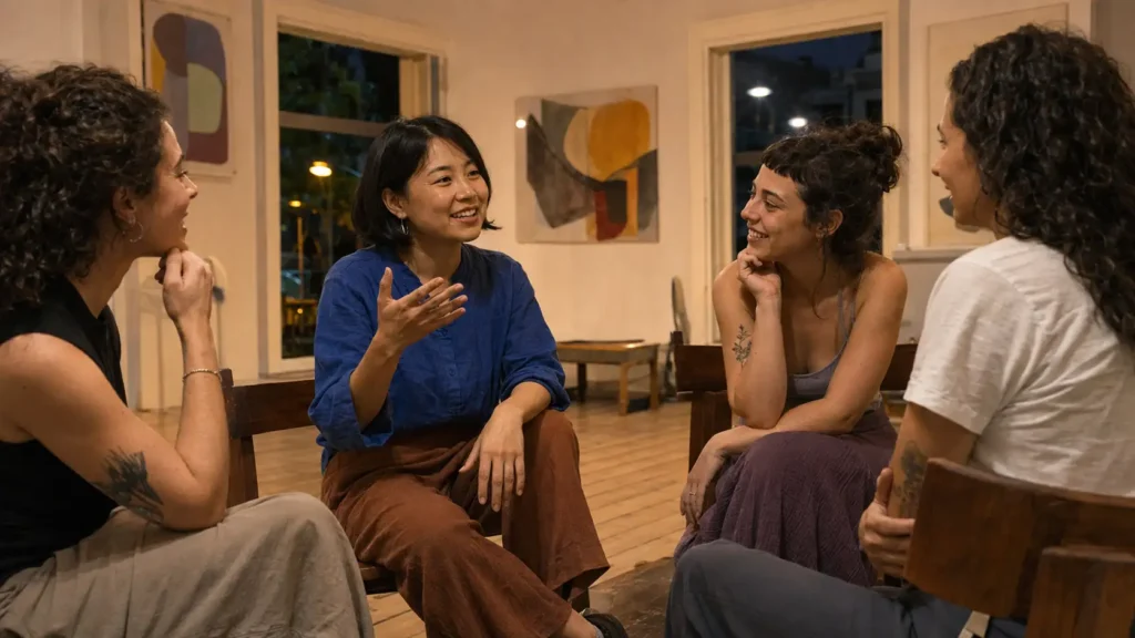 Mulher jovem participando de uma conversa animada sem tentar esconder sua personalidade