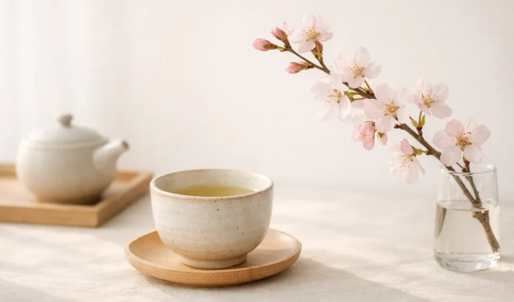 Cena minimalista com chá japonês e flores de sakura em ambiente claro e sereno