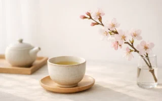 Cena minimalista com chá japonês e flores de sakura em ambiente claro e sereno