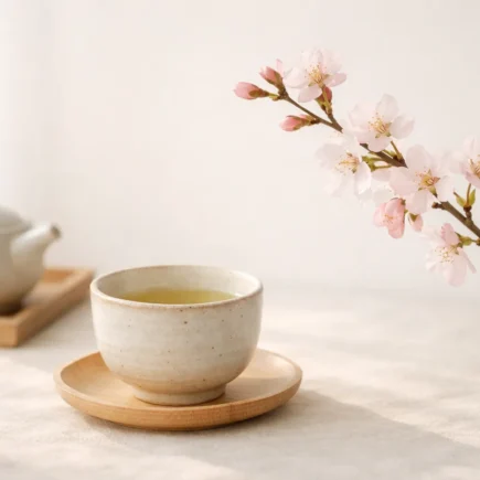 Cena minimalista com chá japonês e flores de sakura em ambiente claro e sereno