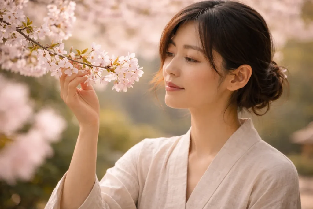 mulher tocando delicadamente galho de sakura em momento contemplativo