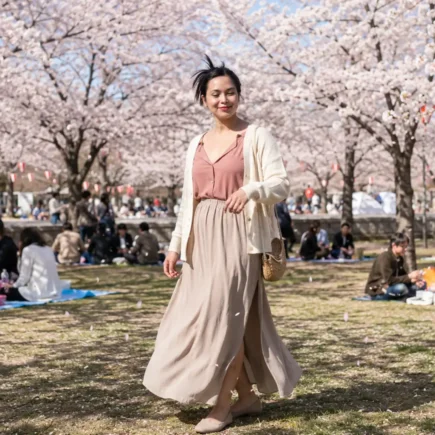 Mulher brasileira sorrindo sob cerejeiras floridas durante um encontro de Hanami no Japão