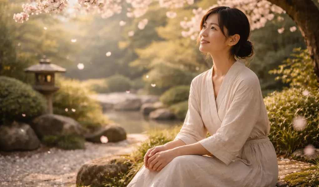 mulher contemplando flores de sakura em jardim japonês na primavera