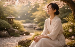 mulher contemplando flores de sakura em jardim japonês na primavera