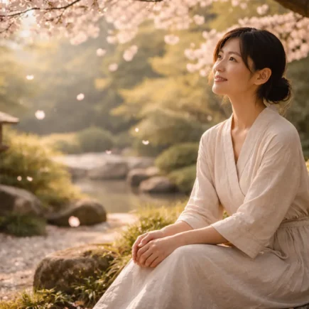 mulher contemplando flores de sakura em jardim japonês na primavera