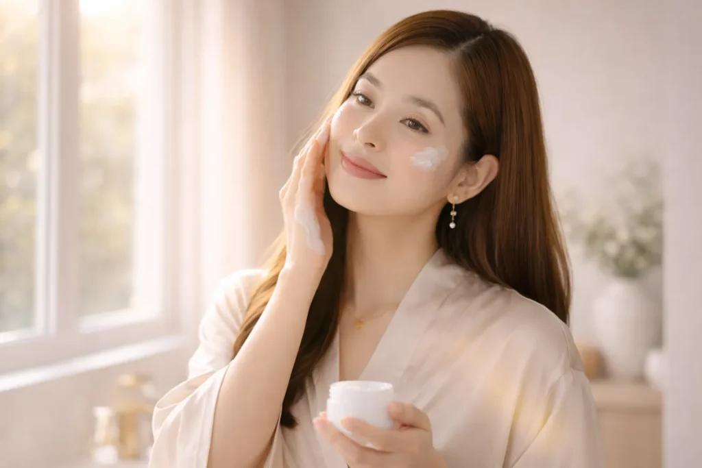 mulher aplicando hidratante facial em rotina de cuidados com a pele