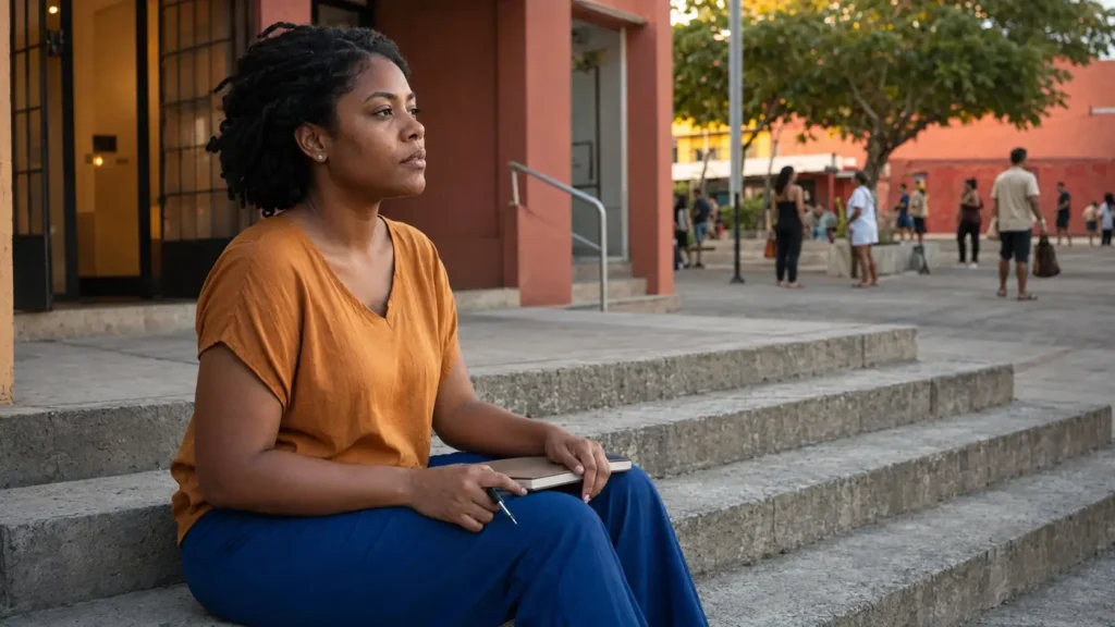 Mulher refletindo antes de explicar o que sentiu em uma conversa difícil