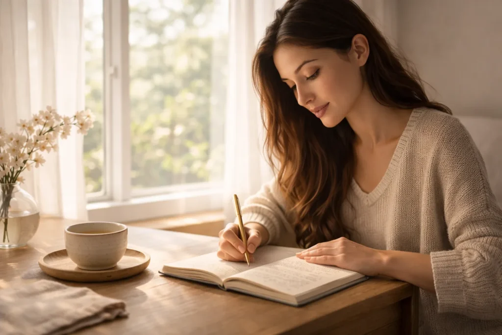 mulher escrevendo no diário pela manhã com luz natural
